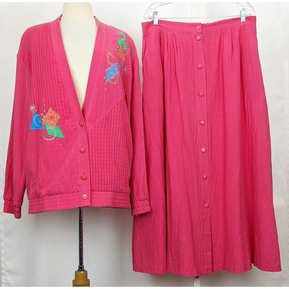 Vintage 80s Skirt Jacket Set Pink Oversize Midi Misses Size L XL - Picture 1 of 16